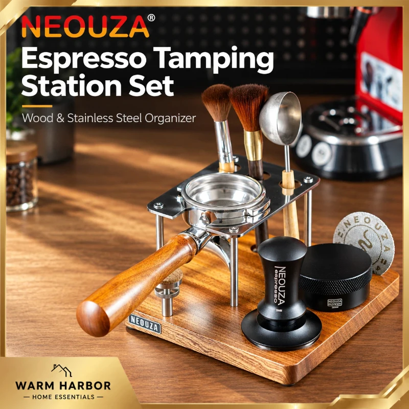 Espresso Tamping Station Set Portafilter Holder Tamper Distributor Stand Solid Wood Stainless Steel Coffee Tool Organizer Base