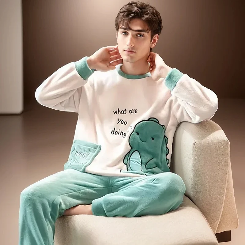 

Winter Thickened Warm Flannel Men's Pyjamas Set Long-Sleeved Coral Velvet Student Sleepwear Homewear Cartoon Bear Nightwear