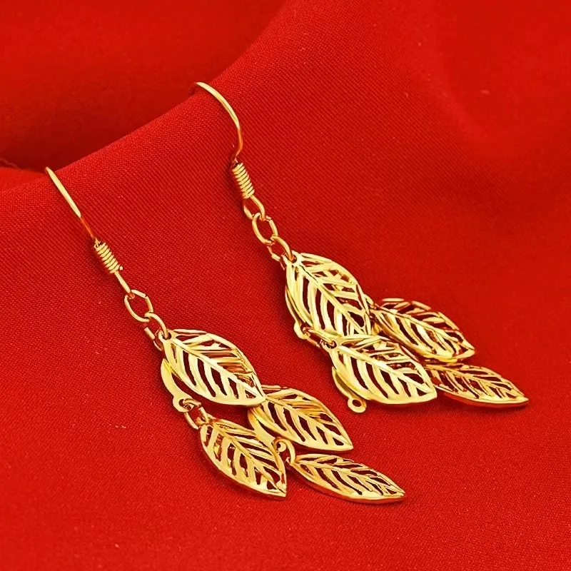 High Quality 999 Gold Earrings 24K Pure Gold Hollow Leaf Earrings AU750 Real Gold Tassel Luxury Quality Jewelry for Women