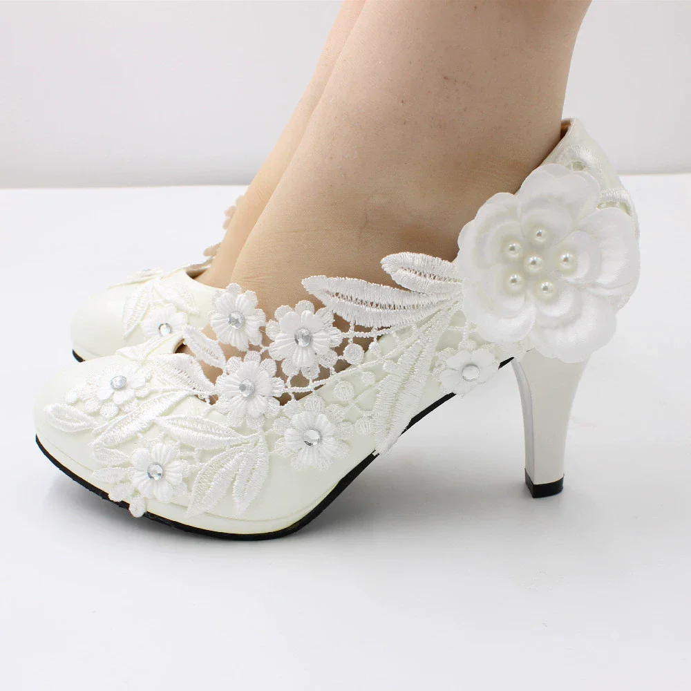 

Spring white round-toe waterproof platform pearl rhinestone lace flat wedding shoes banquet large-size high-heeled women's shoes
