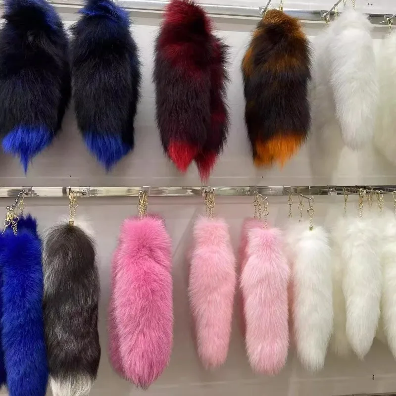 أفخم الثعلب الفراء الذيل المفاتيح فروي ذيول كيرينغ المرأة حقيبة سحر أفخم سلاسل المفاتيح لسيارة أكياس المجوهرات المعلقات حلقة رئيسية