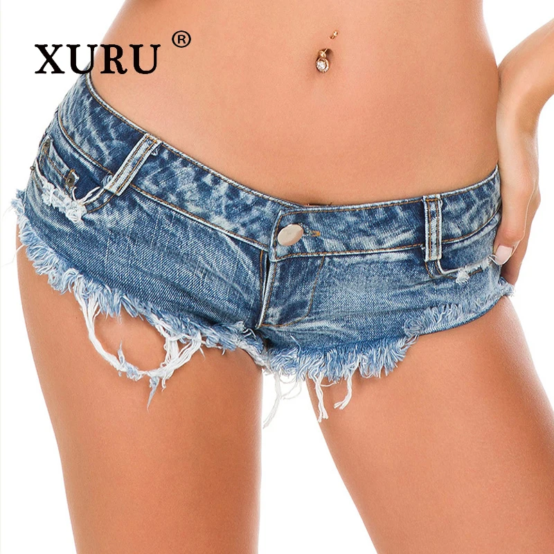 XURU-Women's Perforated Denim Shorts, Sexy Low Waisted Shorts, Beach Tassel Hot Pants, European and American Fashion, N1-887