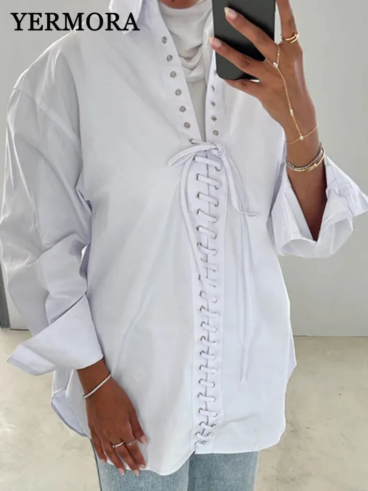 

YERMORA белая повязка большого размера, повседневная блузка для женщин, свободная новая рубашка с длинными рукавами и лацканами, модная футболка весна-лето 2025