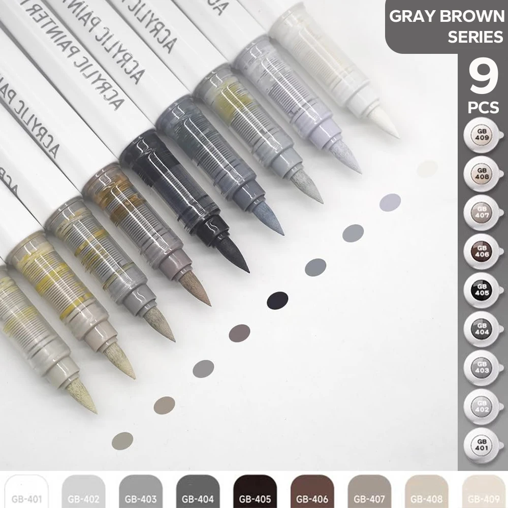 Set met acrylborstels, geassorteerde Pro Color Series automatische inktrolesysteem Art Markers Set, 9-delige set