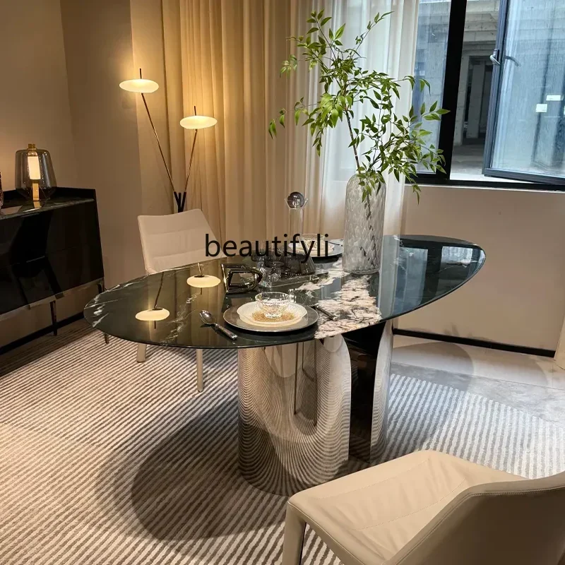 

Natural Mica Green Luxury Stone Dining Table Water Drop Oval, Green Dining Table, Green Marble Dining Table