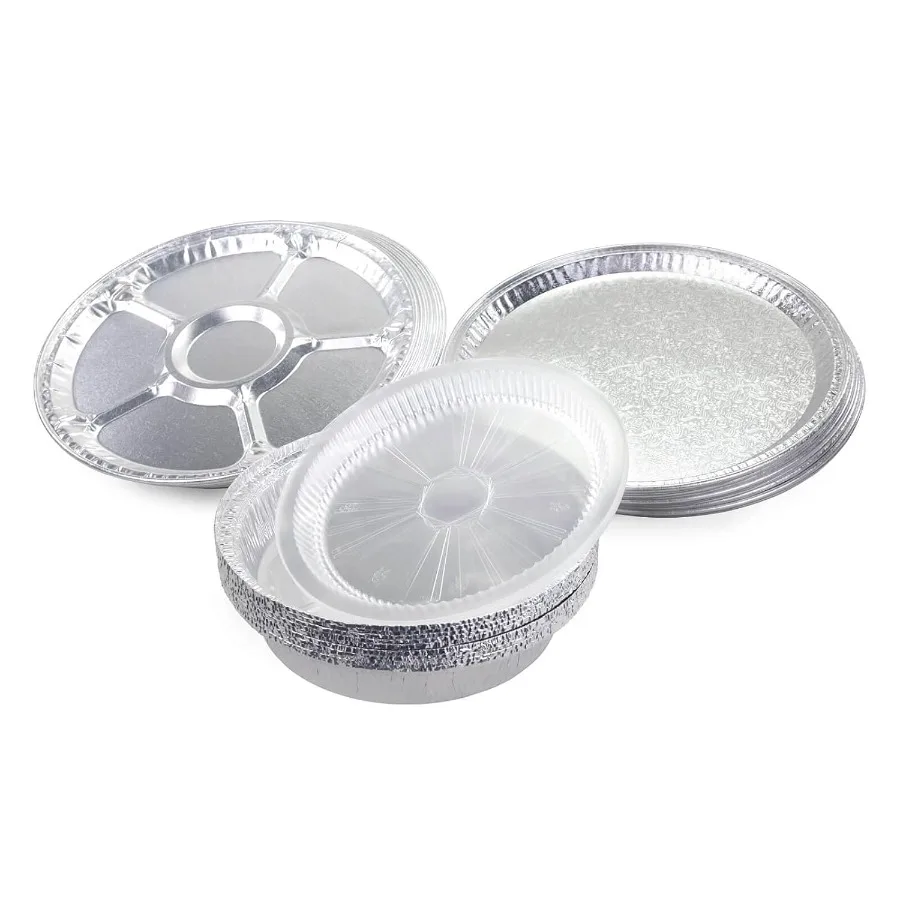 

30 шт. Алюминиевый набор для общественного питания с 10 лотками Lazy Suzan, 10 плоскими лотками и 10 кастрюлями с крышками Одноразовые круглые контейнеры из алюминиевой фольги