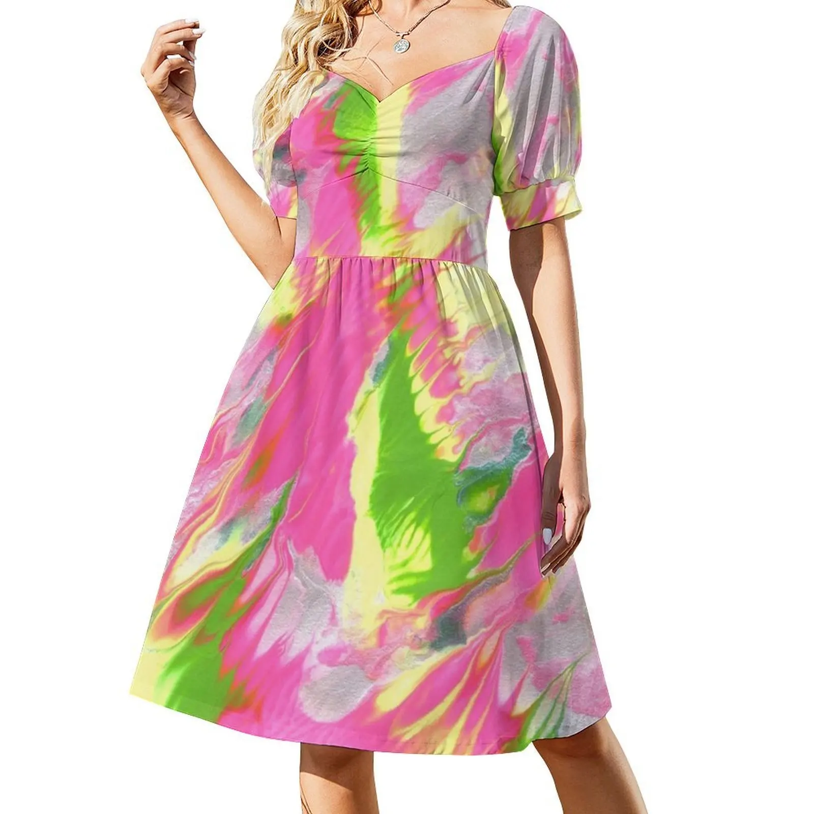 Vestido Bata Floral Amarillo Rosa Abstracto Primavera - alternate angle