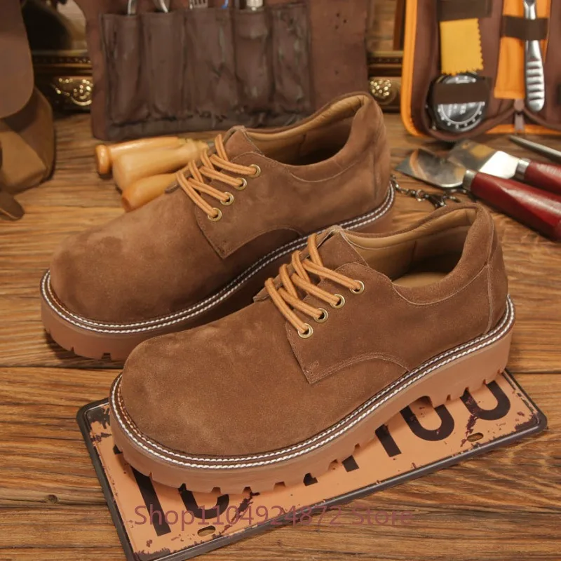 

Designer Fashion Work Shoes Men Casual Round Toe Thick Sole Cow Leather Trendy British Commuting Height Increasing Male Shoes
