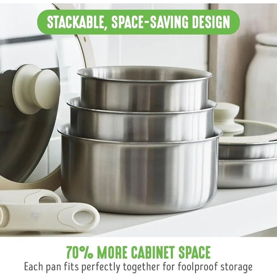 10 قطع من أواني ومقالي الفولاذ المقاوم للصدأ مجموعة مطبخ قابلة للفصل وقابلة للتكديس لمساحات الطبخ الفعالة ثلاثية الطبقات يرتدون PFAS Free Coo #4