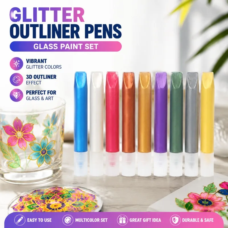 Multicolor 3D Dimensional Glass Outliner Pen Waterproof Hand Drawn Border Shimmer Golden Acrylic Pigment Precise Filling Stain