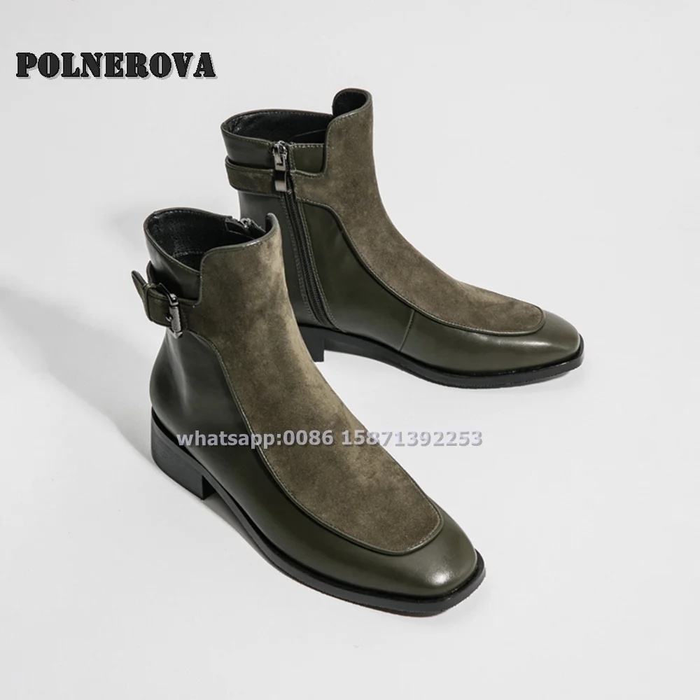 Blackish Green Buckle Strap Ankle Boots Square Toe Chunky Heels Side Zipper Chelsea Boots Casual Autumn Street Style Shoes Trend