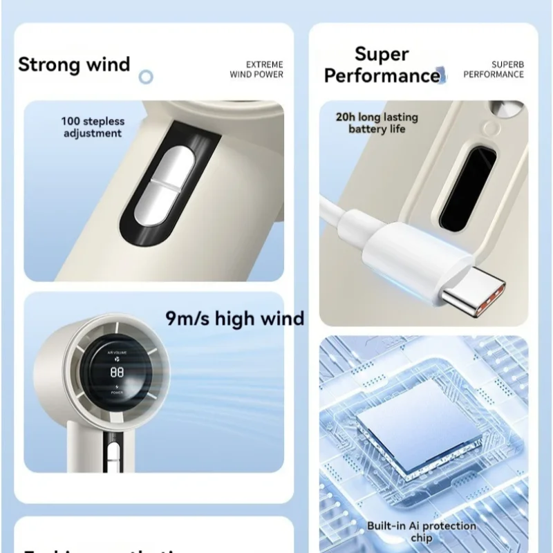 2025 New Handheld High-speed Fan USB Charge Mini Portable 100 Speed Turbo Violent Small Outdoor Powerful Fan 3000mAh Battery