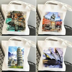 London Madrid Cairo Shoulder Bag Budapest Venice Sydney Watercolor Women's Canvas Handbag Handbag Environmental Shopping Bag