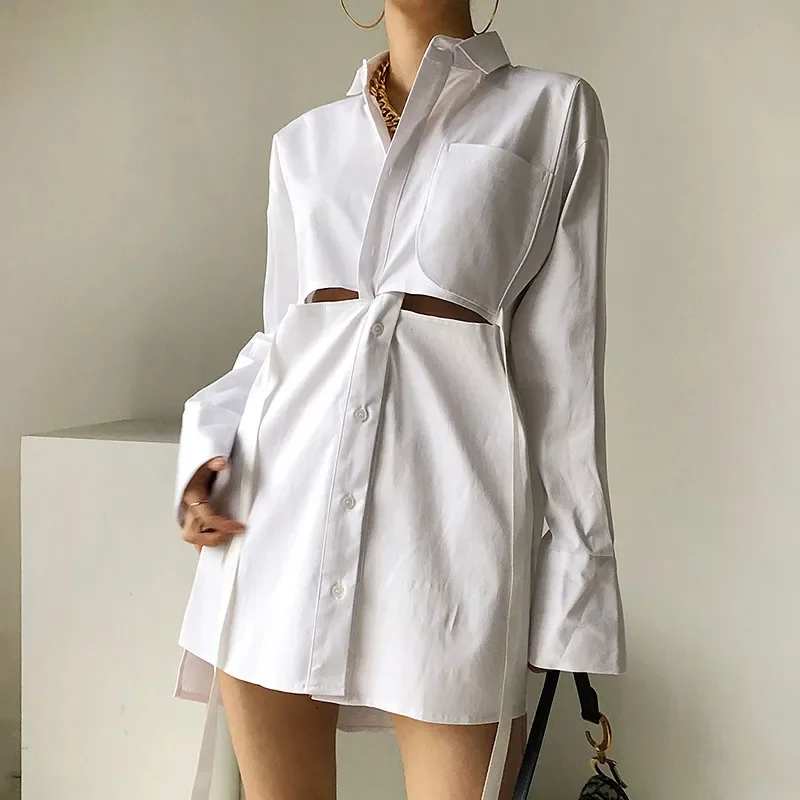 Chic Hollow Out White Shirt Dress Summer Fashion Loose Design Cross Front Mini Dress Long Sleeve Casual Irregular Long Shirt