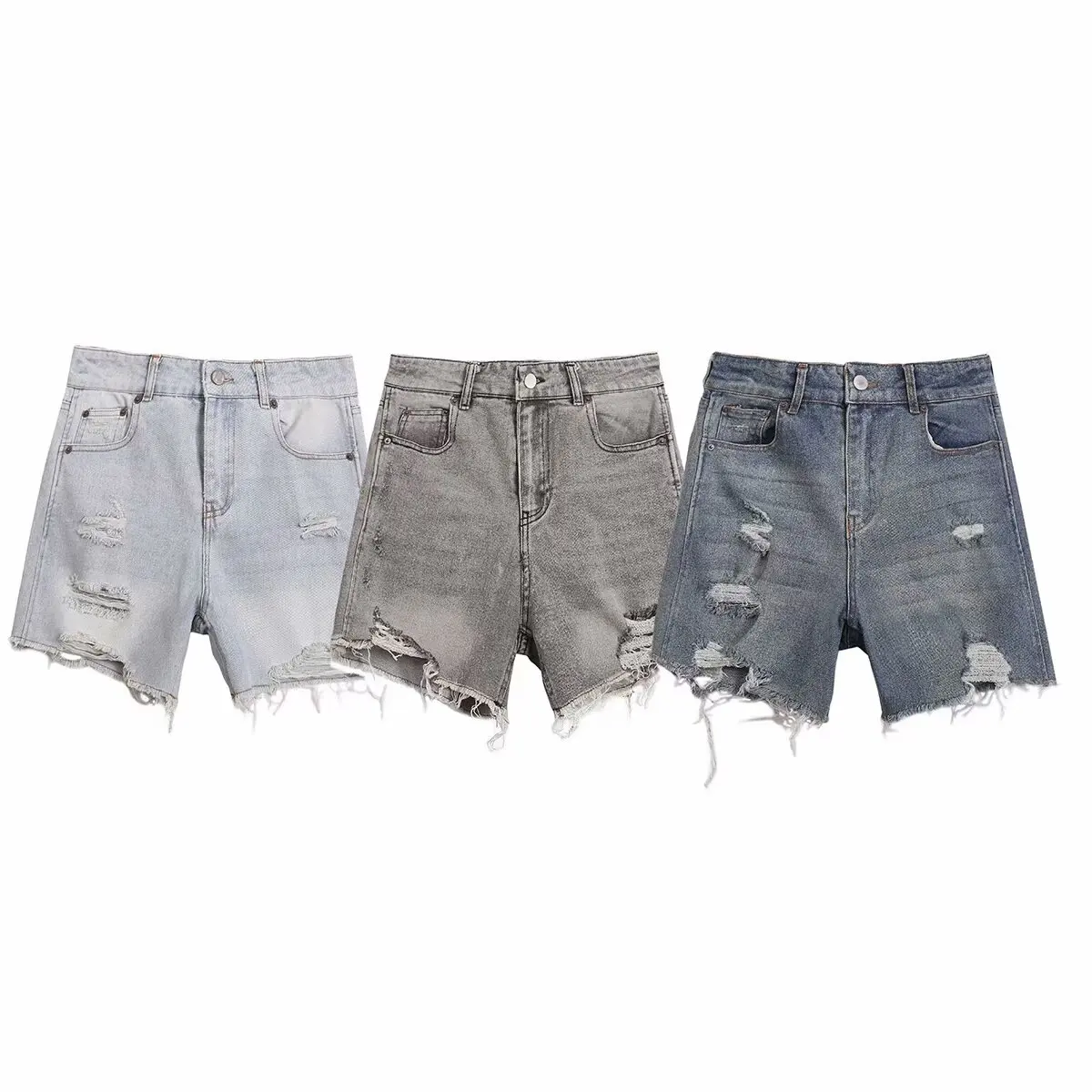 Women's 2024 New Fashion Casual Joker Hole Denim Shorts Retro High Waist Zipper Female Denim Shorts Mujer