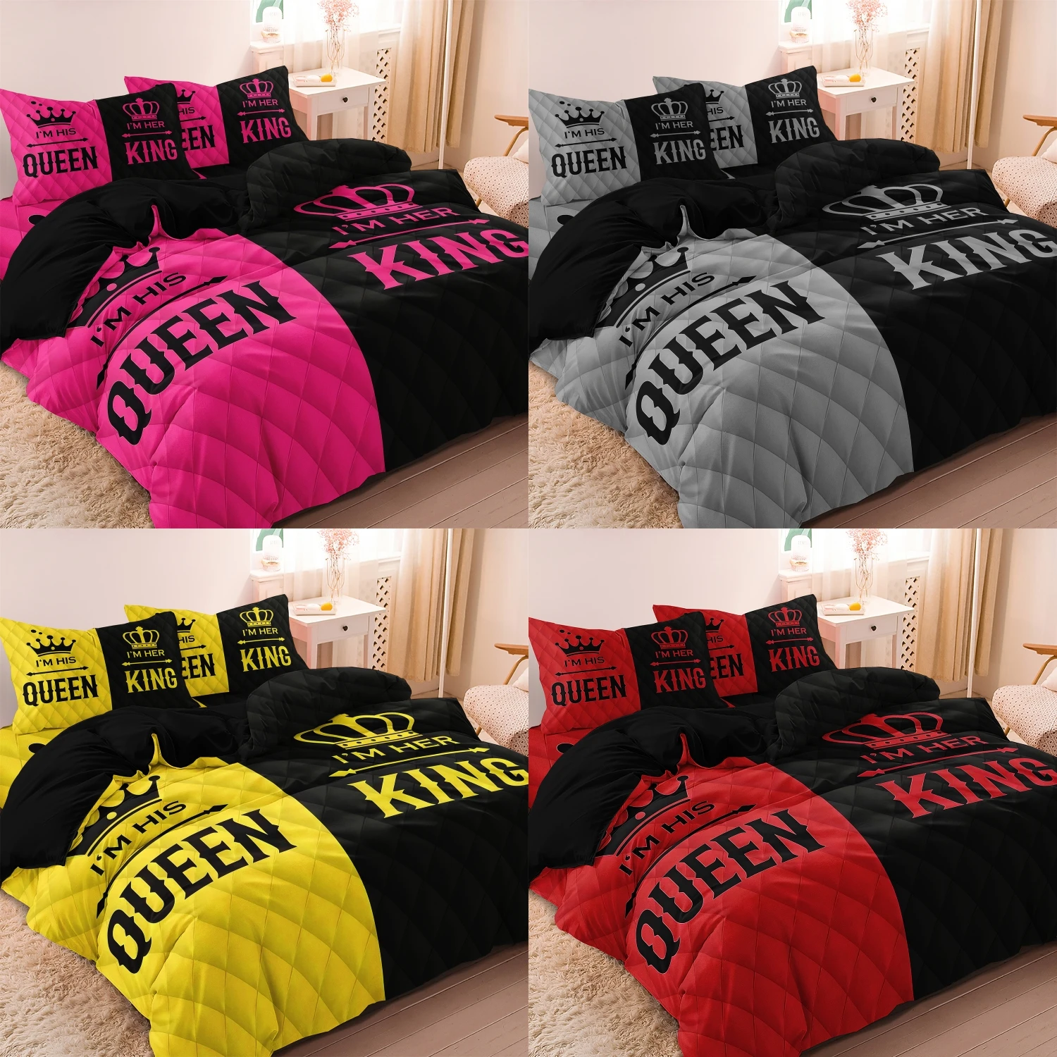 3 Pcs King Queen Couple Bedding Set, Pink Black Crown Print Duvet Cover Set, Soft Microfiber Quilt Cover with Pillowcases