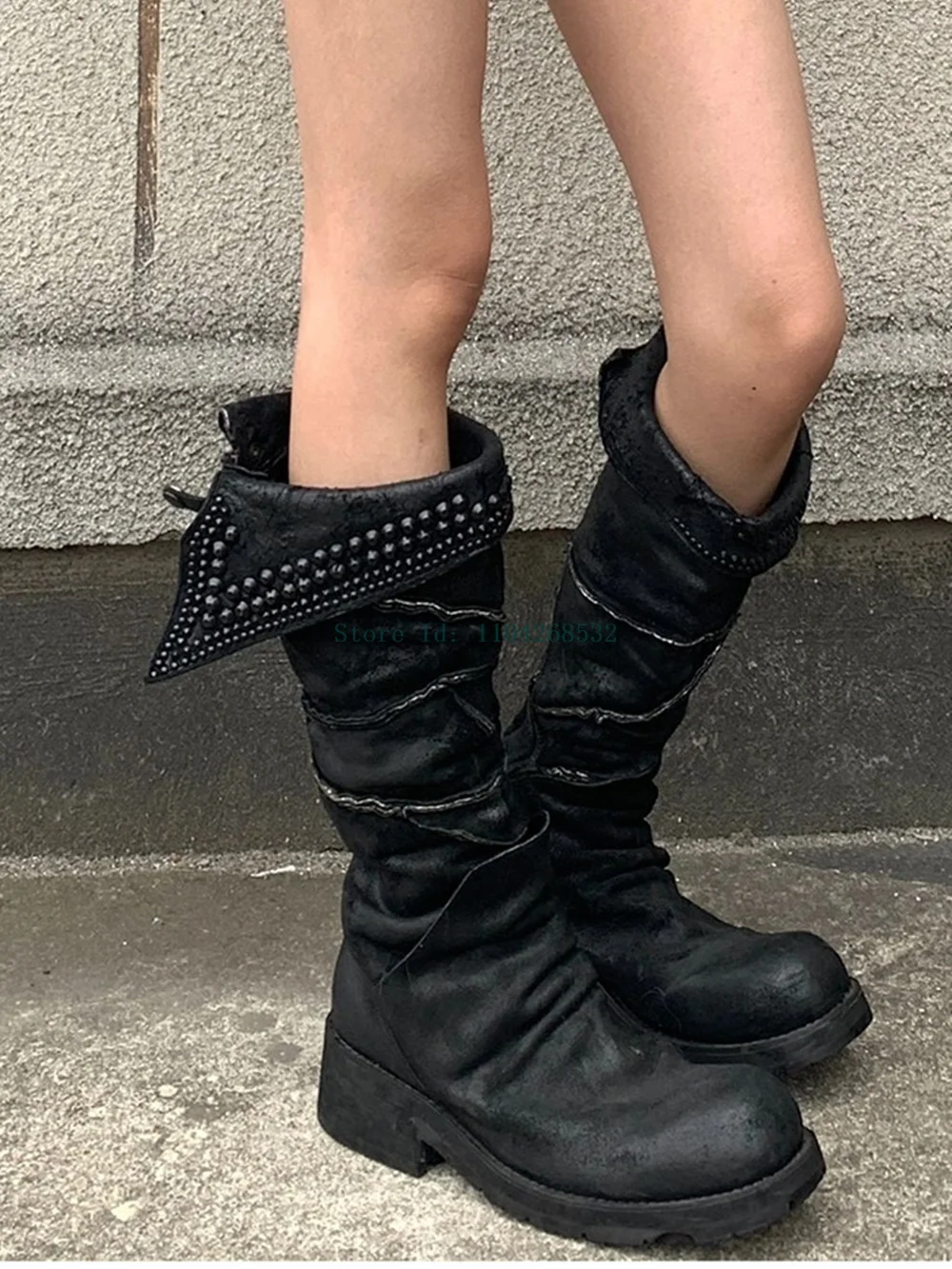 

Rivet Tassel Knee High Boots Round Toe Square Heel Boots Turn Over Spring Autumm winter Slouchy Boots 2025 New Arrivals