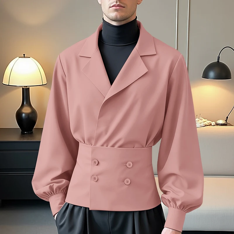 

INCERUN Мужская рубашка сплошной цвет с лацканами и длинным рукавом двубортная мужская одежда уличная одежда свободные модные повседневные элегантные мужские рубашки