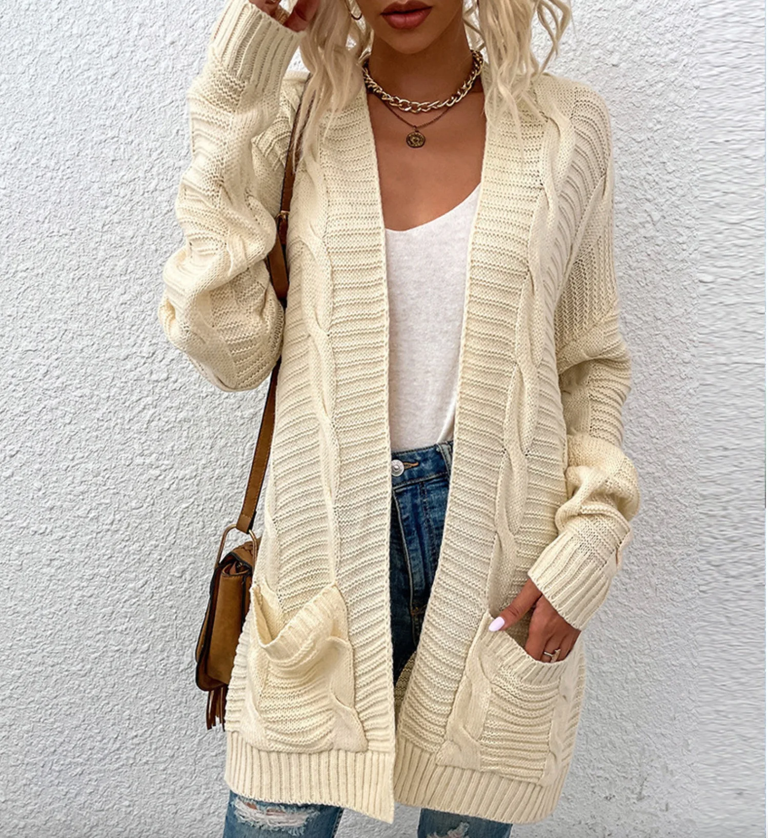 

Autumn Winter Women's Medium Length Knitting Cardigan Y2k Solid Long Sleeve Sweater Coat Womens Clothing