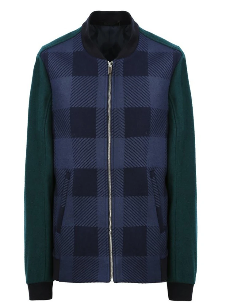

Casual Plaid Splicing Baseball Collar Woolen Jaet Men's Faion Outerwear Stand Fit Long Sve Zipper Closure Autumn Coat