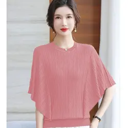 Women Summer Ice Shreds Fashion Loose Solid Color Large Size O-neck Batwing Sleeve Shirts Women Clothes Casual All-match Tops