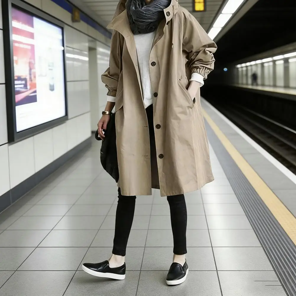 女性のロングトレンチコート無地エレガントなウインドブレーカージャケットルーズフード付きコートレディースレインコートオーバーコートルーズアウター