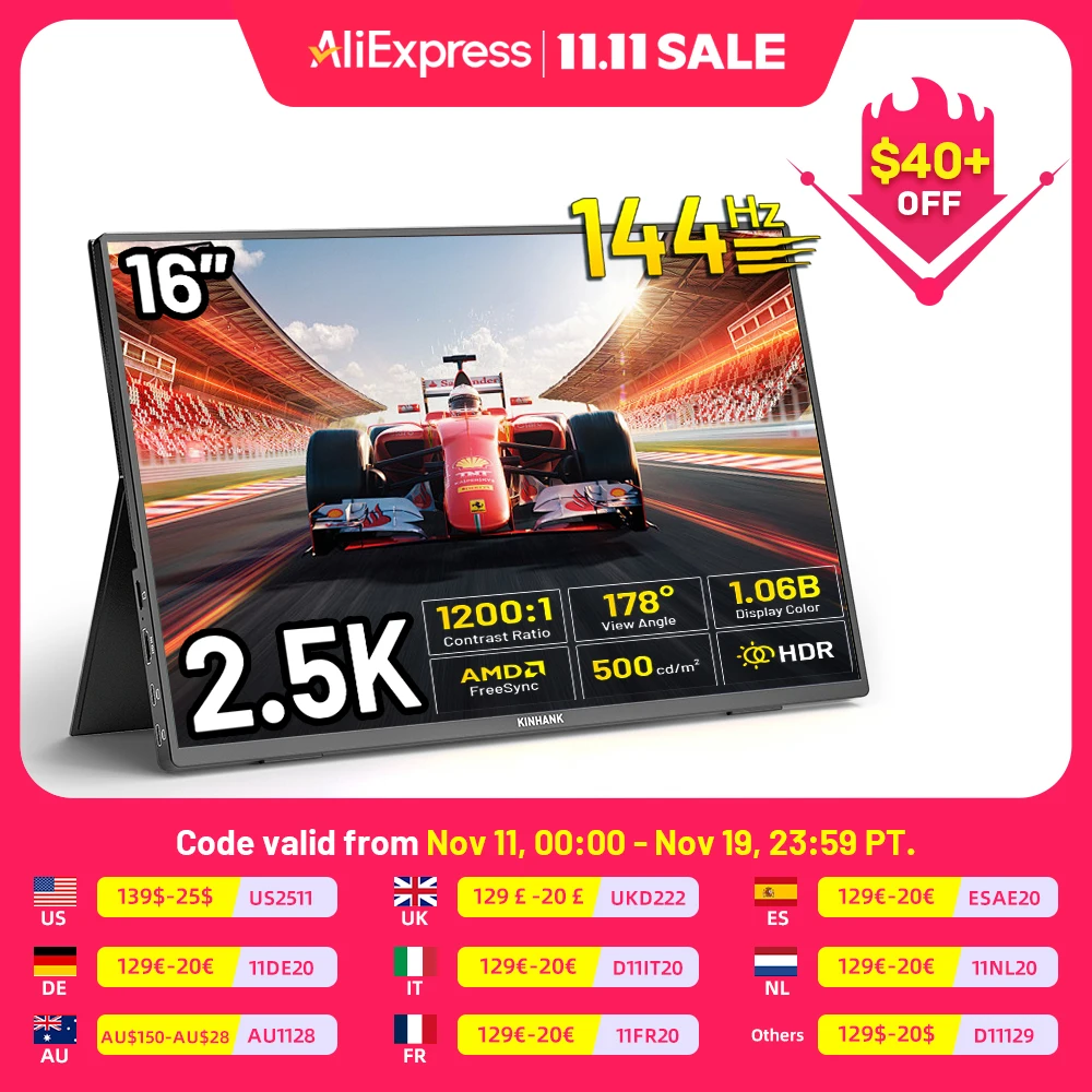 

Kinhank 16" 2.5K 144hz IPS Screen Portable Monitor 2560*1600 100%sRGB 500Cd/m² Travel Display for Laptop Computer PS4/5
