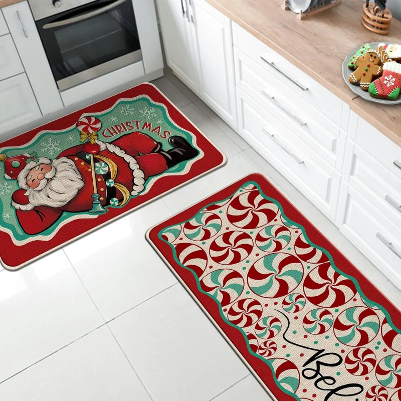 Santa Claus Kitchen Carpet Set of Two Red and Green Christmas Peppermint Candy Fun Winter Home Door Mat 20inX31in 18inX47in