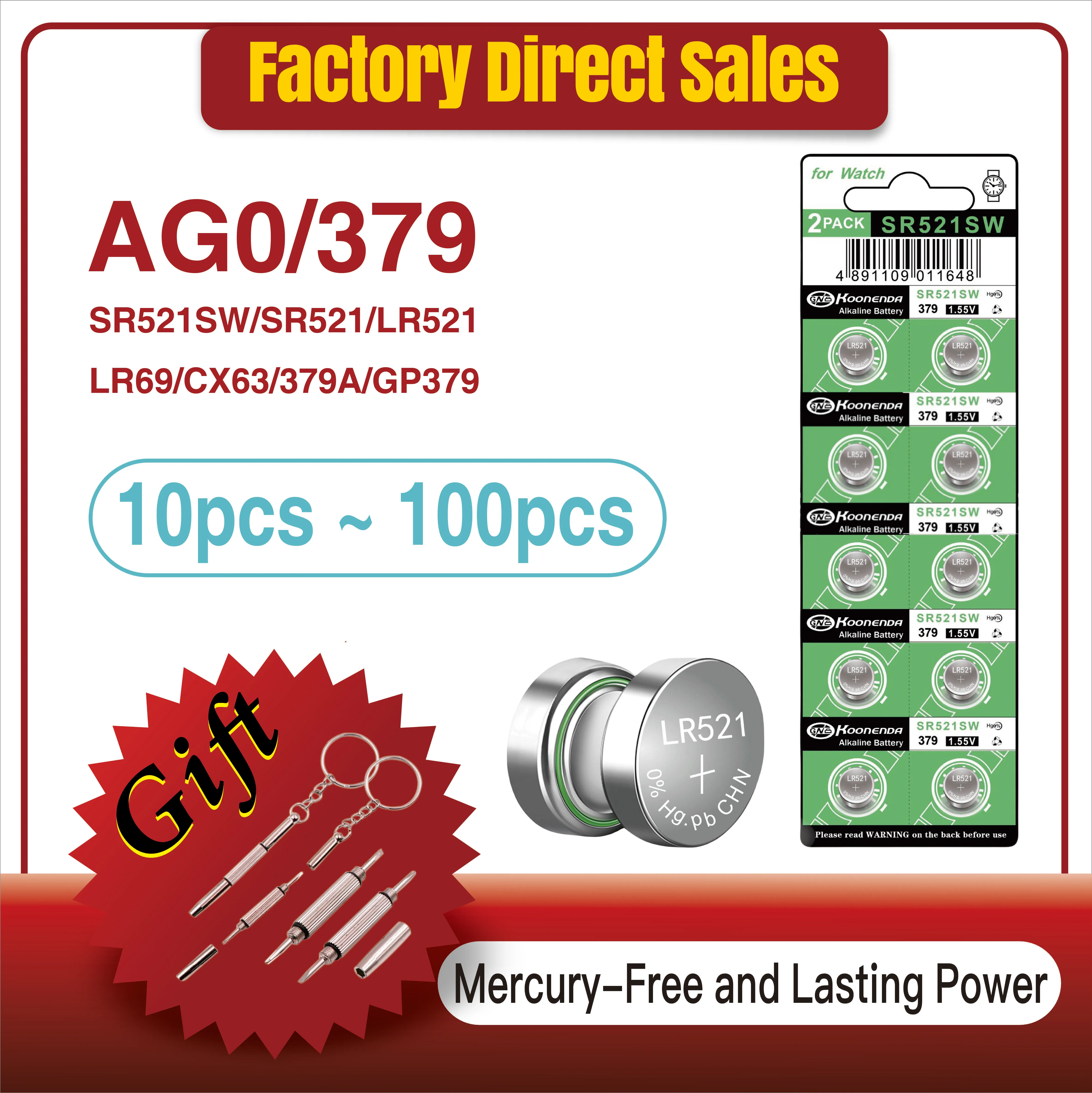 10-100PCS AG0 379 SR63 LR63 LR521 379A 1.55V Button Batteries For Watch Toy Remote SR521SW D379 RW327 Cell Coin Alkaline Battery