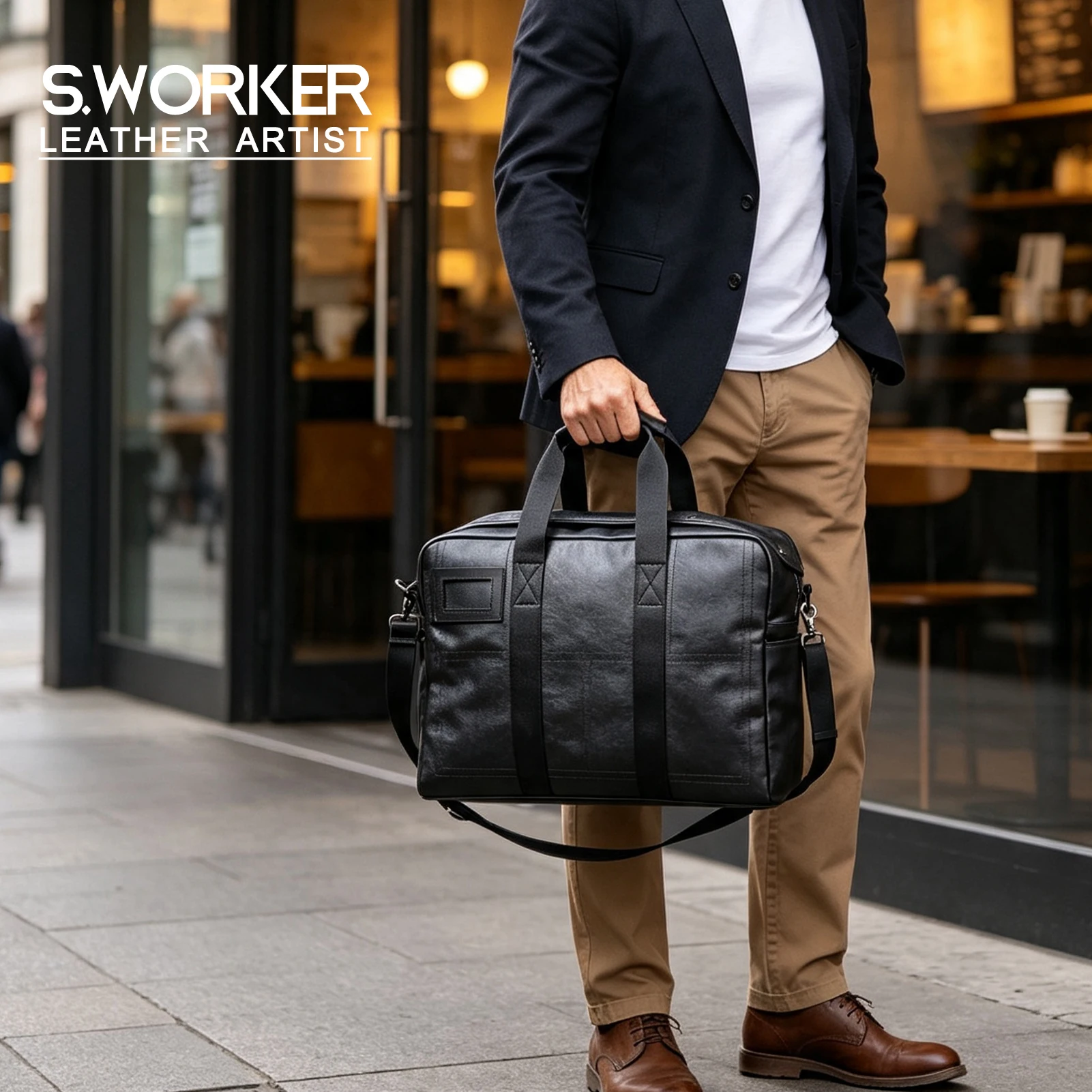 S.WORKER Vintage Echtleder Weekender Reisetasche Herren Top-Grain Rindsleder Handtasche Modische Sporttasche Handgepäck – Detail 2