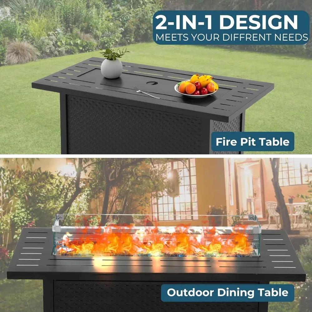 Propane Fire Pit Table, 45 Inch 50,000 BTU Square Outdoor Gas Firepit with Steel Tabletop, Glass Wind Guard, Blue Glass