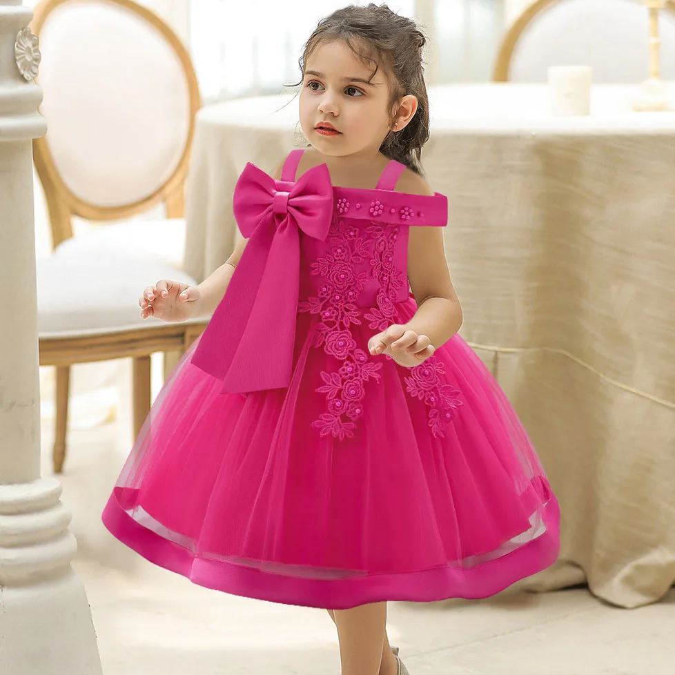 Spring and Summer New Girls' Decal Big Bow One Shoulder Mesh Solid Color Princess Dress Wedding Flower Girl Birthday Party Dress