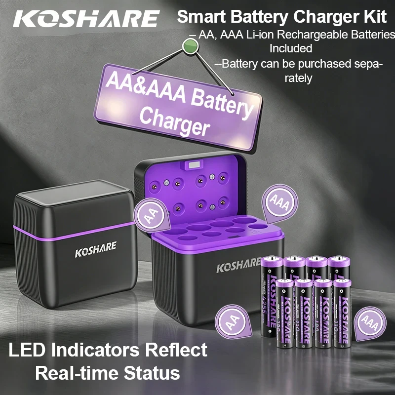 KOSHARE 8 Slots AA&AAA Lithium-ion Rechargeable Batteries LED Smart Charger With1.5V 4255mWh 1100mWh Li-ion Battery Charging Set