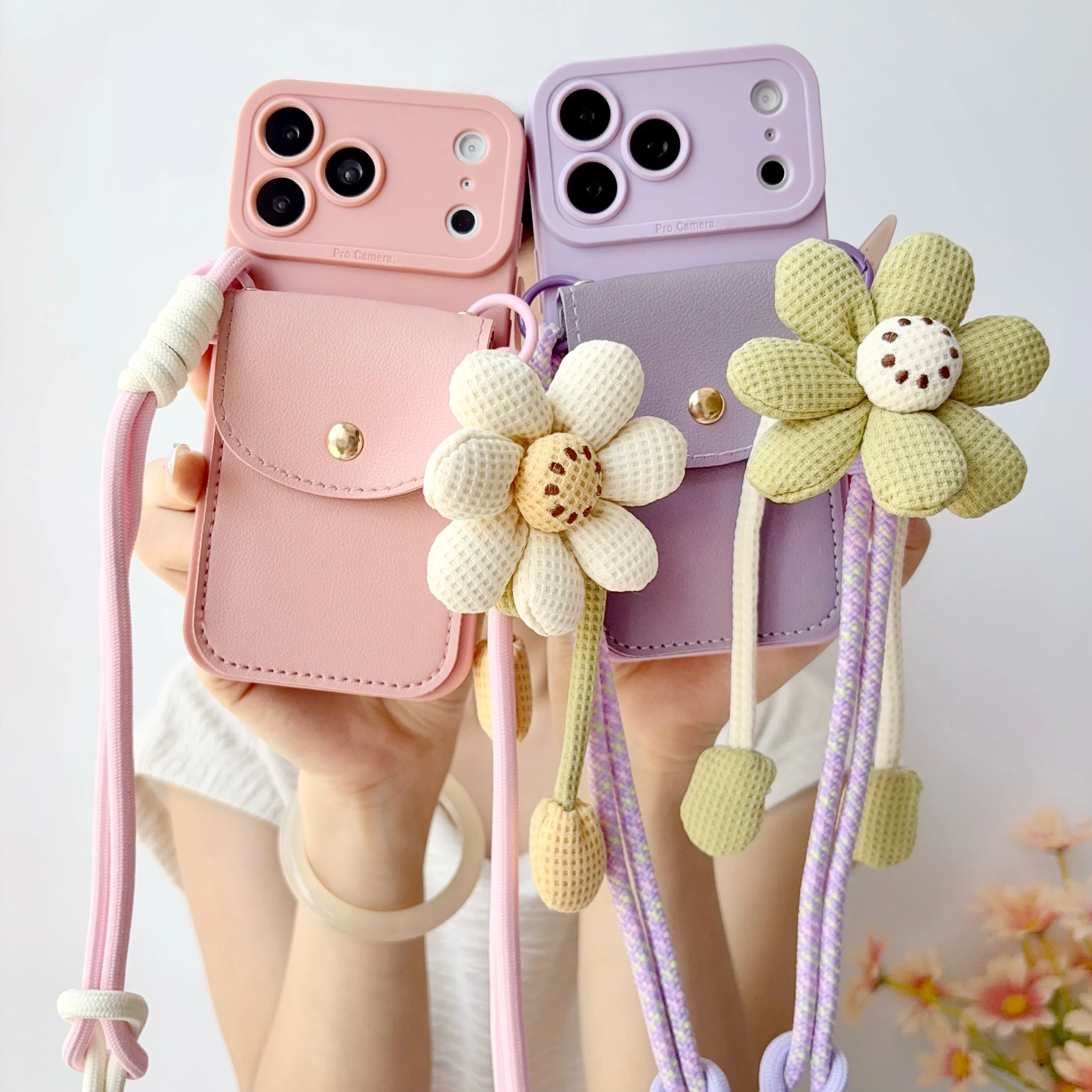 Phone Case For iPhone 18 17 16 15 14 13 12 11 Pro Max Plus Air 3in1 Crossbody Strap Sunflower Lanyard Wallet Card Slot Bag Cover