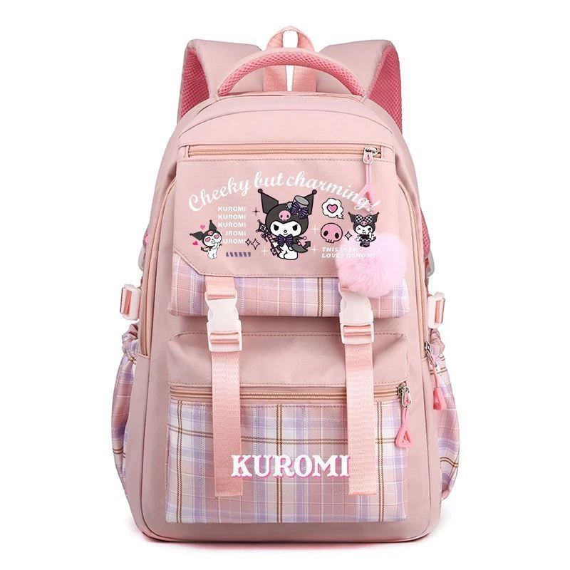 Sanrios tas buku anak ransel kapasitas besar, tas buku anak, tas sekolah penyimpanan alat tulis pelajar, ransel kapasitas besar, imut, kartun, tokoh Anime Kuromi