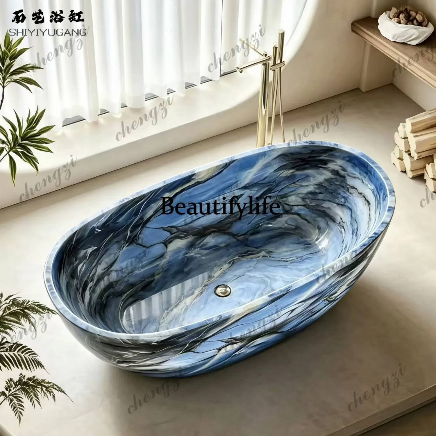 A17 Marble pattern artificial stone oval art bathtub B & B hotel engineering independent double bath