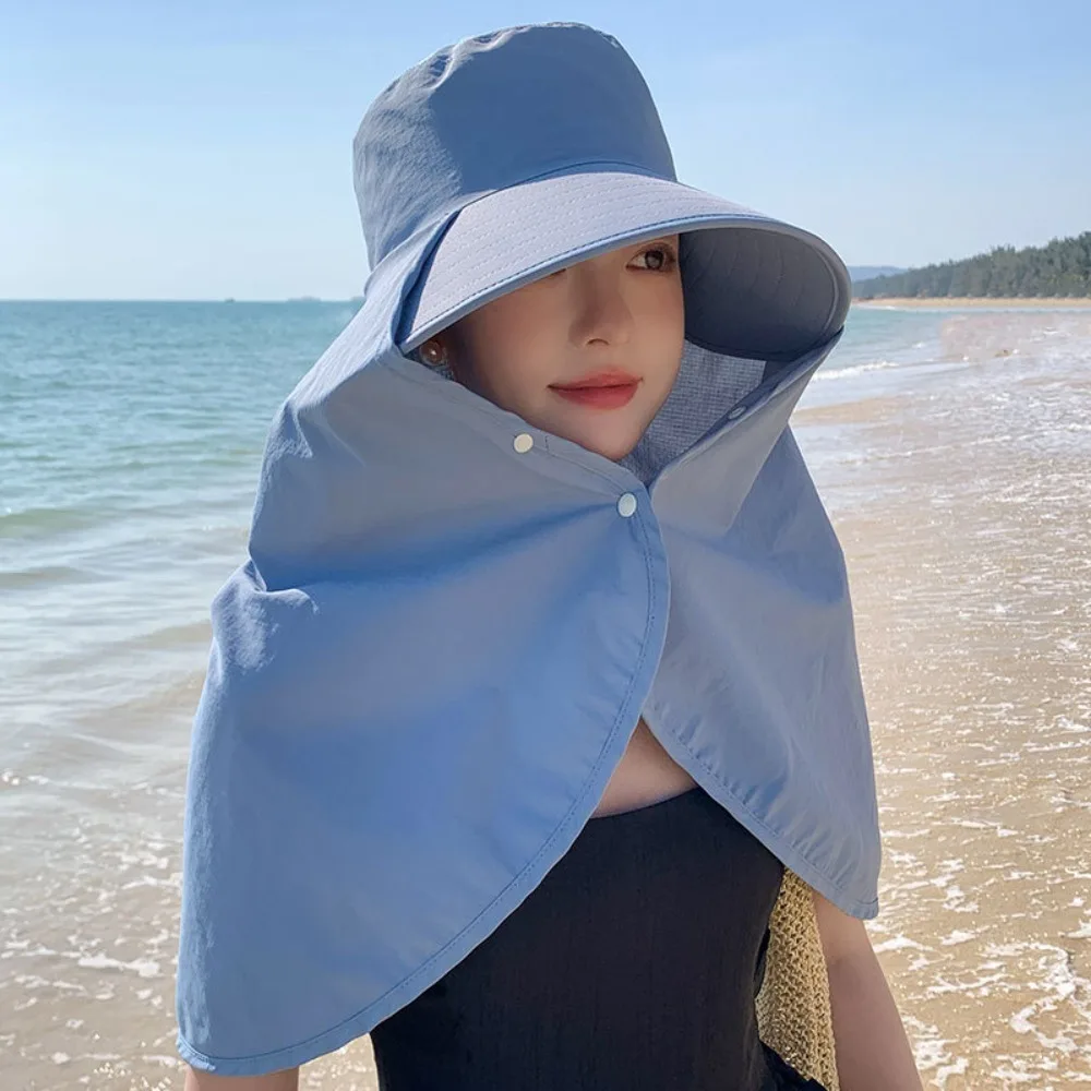 

New Large Brim Sun Hat Neck Guard Shawl With Snap Button Sun Protection Cap Anti-UV Washable Fisherman Hat Beach