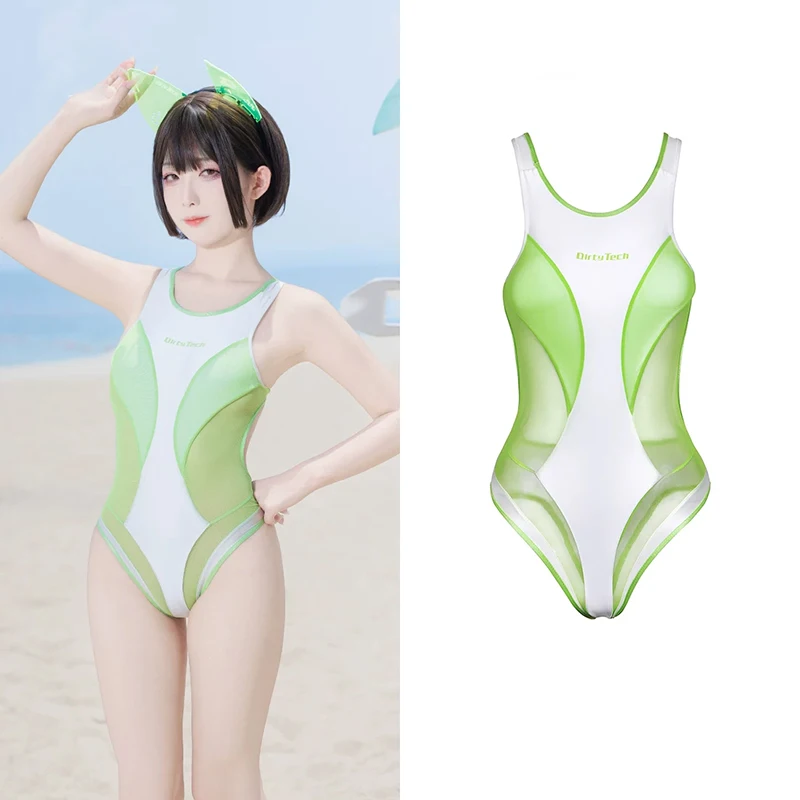Sport Swimsuit One Piece Mesh Transparent Splicing High Split Racing Swim Anime Cos Sexy Cute Hot Spring for Women view 2