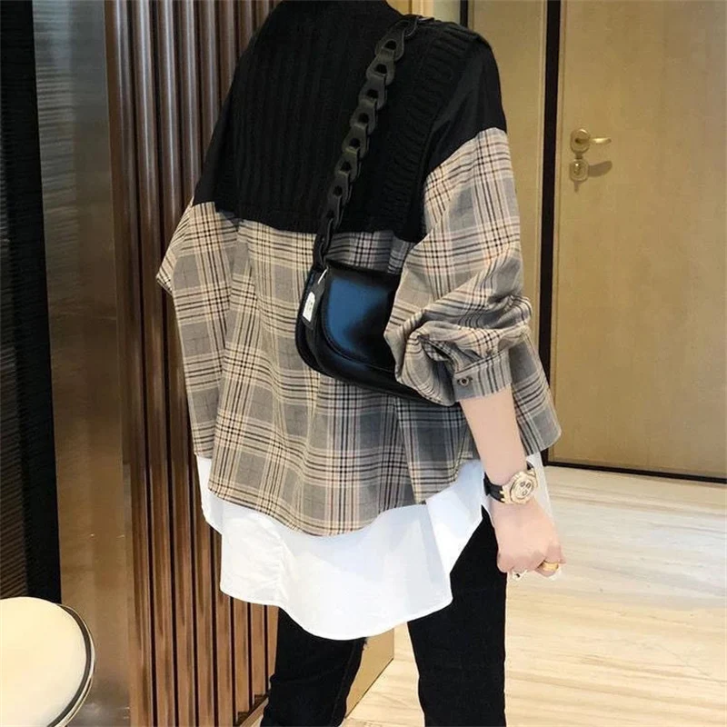 Women Korean Fashion Plaid Patchwork Oversized Asymmetrical Blouses Y2K Female Casual Streetwear Long Sleeve Fake Two Piece Tops