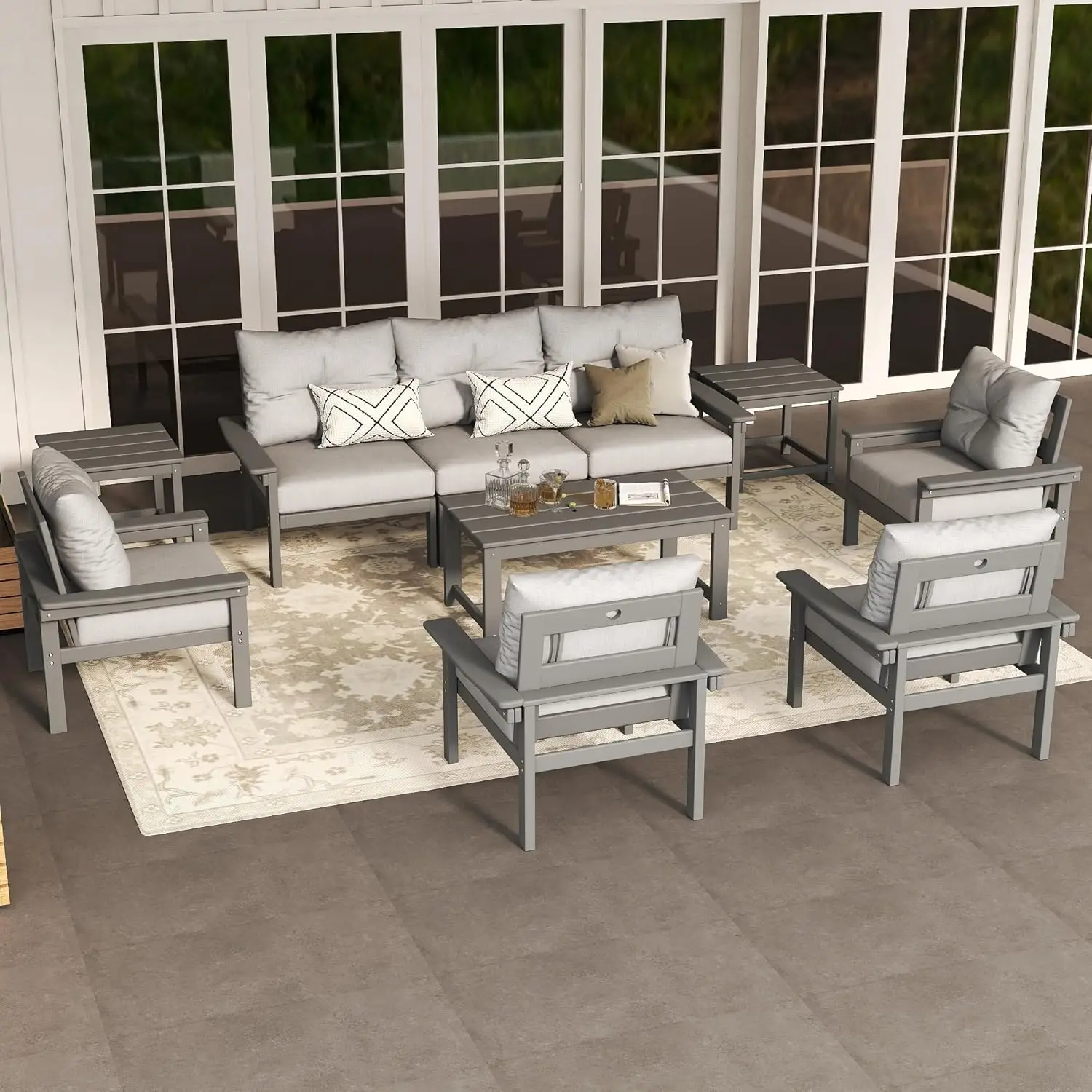 

Серый комплект уличной мебели для патио, 10-предметный набор для отдыха на открытом воздухе с 3-местным диваном, 4 креслами, 2 приставными столиками, на заказ