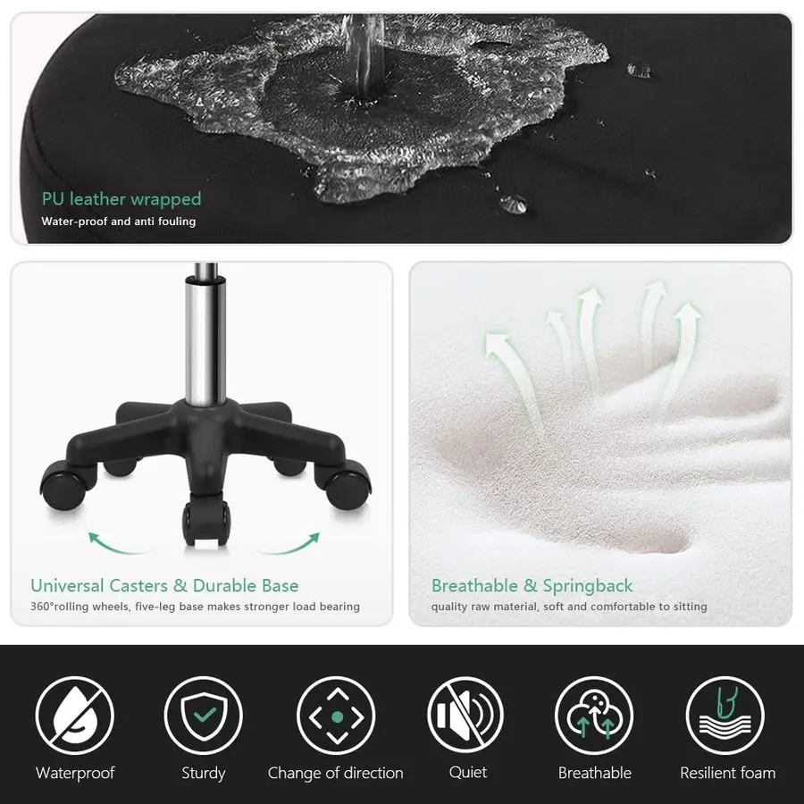 Tabouret Roulant Rond Réglable en Hauteur avec Roulettes pour Spa Salon Massage Noir