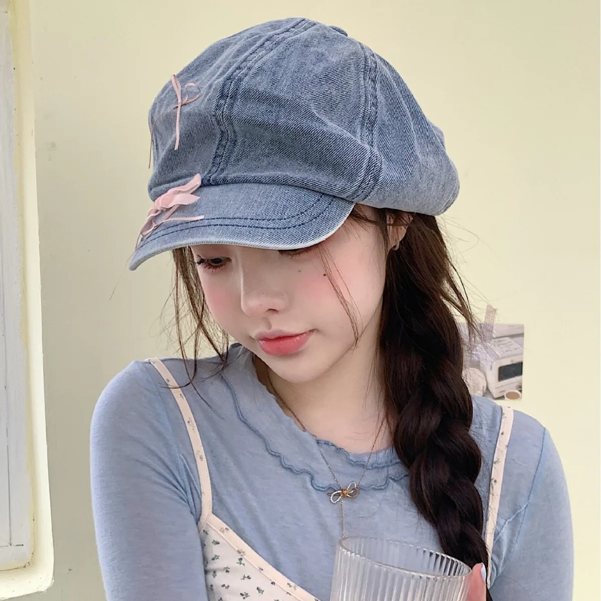Ladies' Berets Korean Denim Bow Cute Sweet Kawaii Simple Verstaile Newsboy Caps High-quality Luxury Brand Artist Hats For Girl