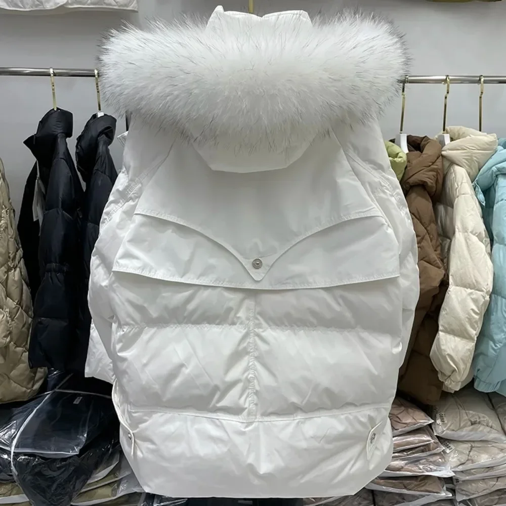 Down Jacket Women 2024 New Raccoon Fur Collar Loose Short Down Coat European Fashion Outerwear White Duck Winter Parka Jacket