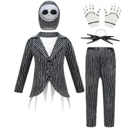 Halloween J-Jack Skelington Cosplay Costume for kids Girl boys Striped Top Pant Outfit Horror Scary Christmas Party Uniform Suit