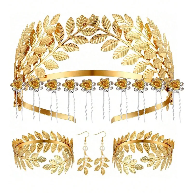 FTCY Vintage Griechisches Schmuckset für Frauen, goldfarben, Armbänder, Ohrringe, Kopfbedeckung, Set im Barockstil, verstellbar, Damenschmuck, Geschenke – Detail 10