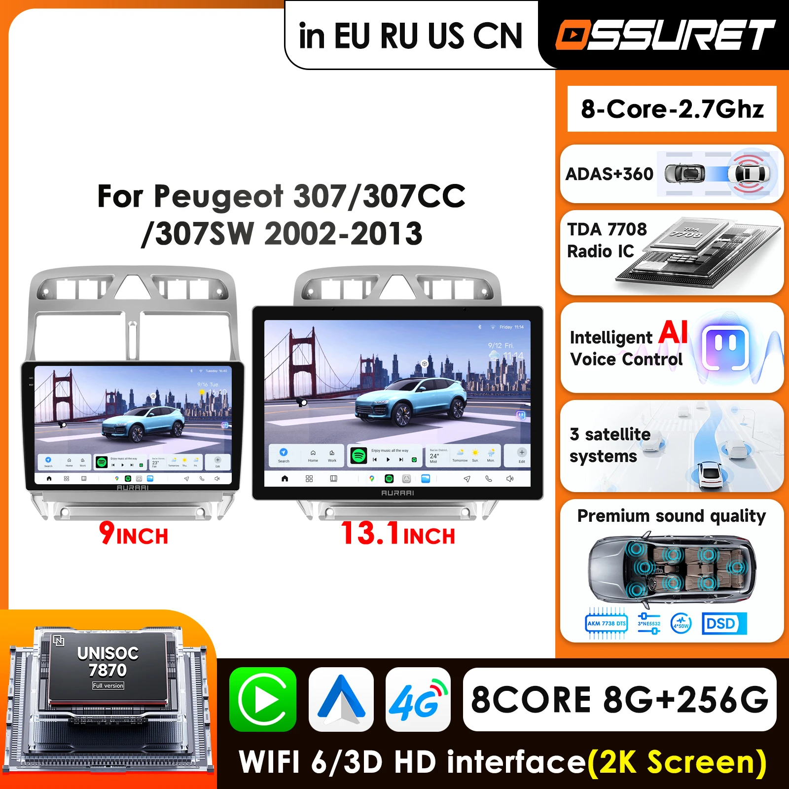 

13.1" Carplay Android Auto Car Radio For Peugeot 307 307CC 307SW 2002 - 2013 Car Multimedia Video Player ADAS 360° Camera SWC BT