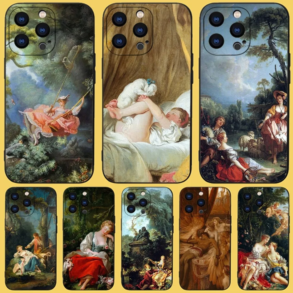 

Art Painting Fragonard Phone Case For iPhone 15,14,13,12,11 Plus,Pro,Max,XR,XS,X,7,8 Plus,SE,Mini Black Silicone Soft