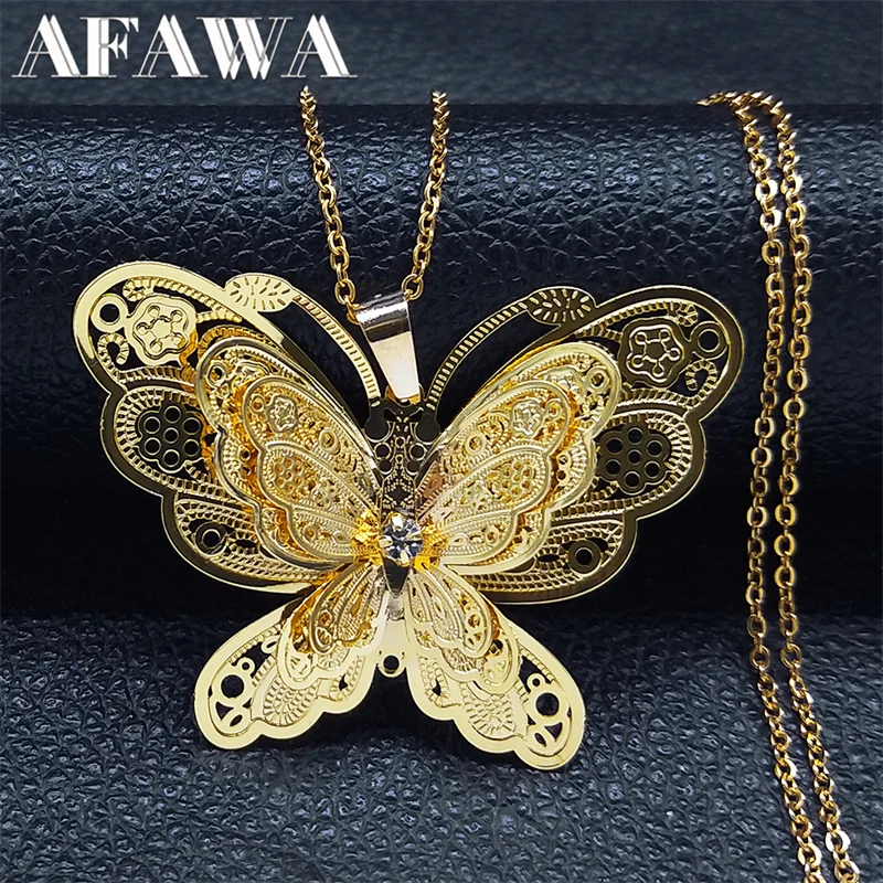 Butterfly Filigree 3D Hollow Copper Pendant Necklace Stainless Steel Chain Necklace Jewelry Gift collier femme N4154S02