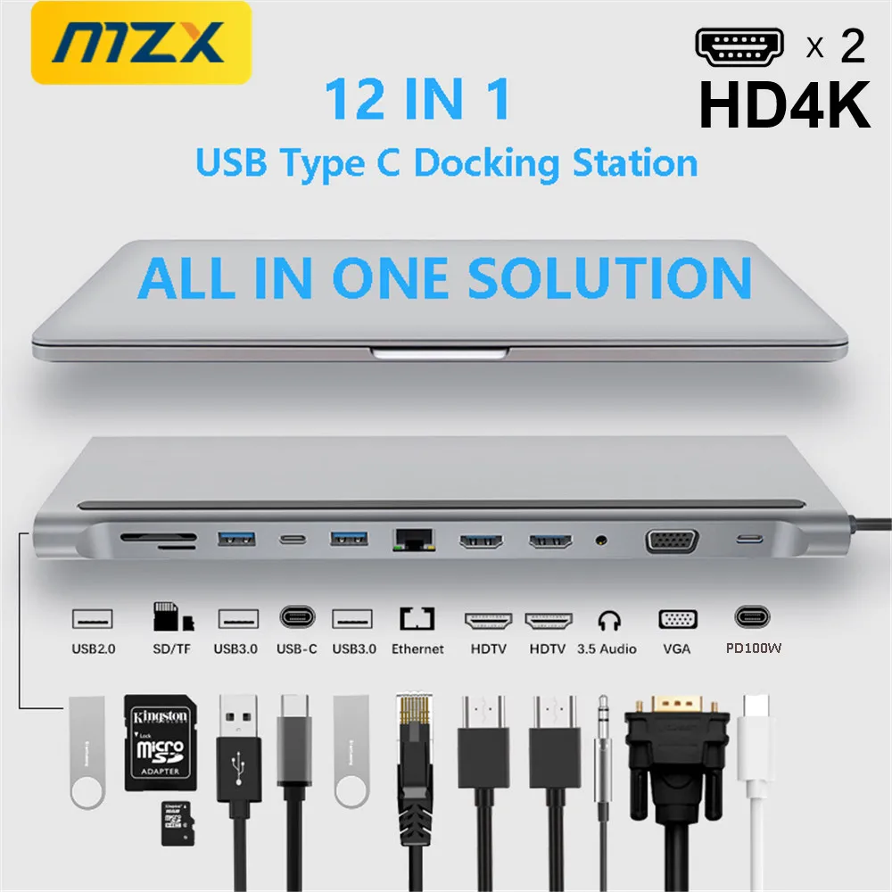 MZX 12-in-1 USB Type C Docking Station A Hub Multi-hub Extensor with HDMI-compatible RJ45 Adapter Dock for Laptop Accessories