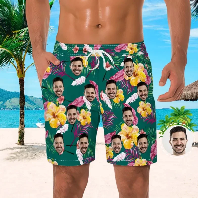 Custom Face Men Shorts Flowers Foliage Hawaii Beach Shorts 3D Printed Unisex Gym Sport Board Short Pants Ice Swim Trunks Ropa